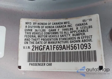 2010 Honda Civic Lx-S z USA, uszkodzony, nr VIN 2HGFA1F69AH561093